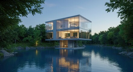Obraz premium Modern Glass House Floating on Serene Lake Surrounded by Lush Forest