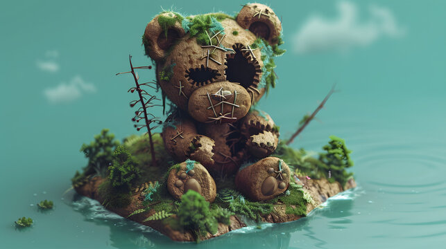 Giant broken teddy bear in clay style low poly isometric 3D