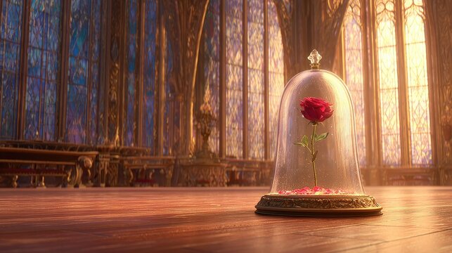 Enchanted single red rose rests under a glass dome inside a majestic ballroom