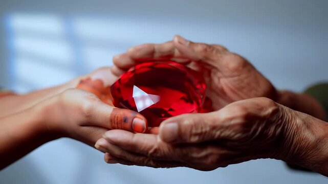 Close-up of elderly hands holding a faceted red gemstone, symbolizing preciousness, inheritance, and generational care with soft light and clean background.