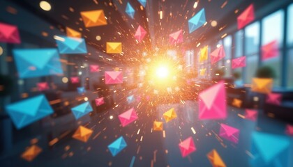 Colorful envelopes fly towards bright light in office space. Digital communication sends messages rapidly. Online marketing, email campaigns and data transfer concepts.