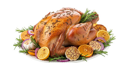Delicious roasted whole chicken garnished with rosemary, lemon, orange, and onion slices isolated on transparent background