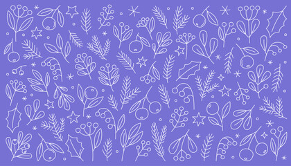 Fototapeta premium Сollection of Christmas and New Year icons, doodle outline illustrations. White christmas twigs, holly leaves and berries, tangerines on blue background. Festive Christmas and New Year's elements. 