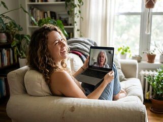 Videollamada alegre en casa