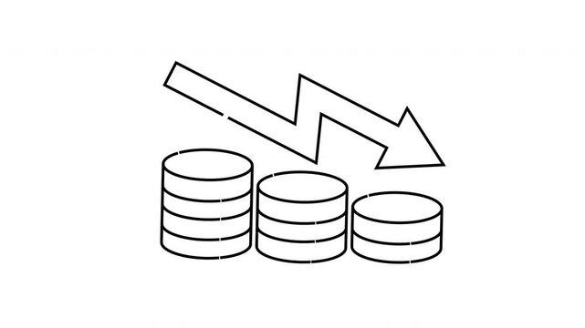 Coin stacks decrease beneath a downward arrow symbolizing financial loss