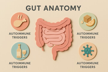 Paper cut gut anatomy infographic with calm pastel palette. This health awareness campaign shows autoimmune triggers like food and alcohol for intestine and digestion health