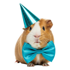 Cute brown and white guinea pig wearing a shiny blue party hat and matching bow tie isolated on transparent background