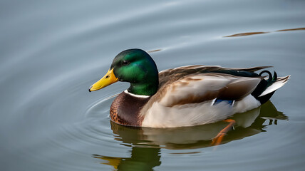 Male mallard duck with green head and yellow beak swimming in calm water