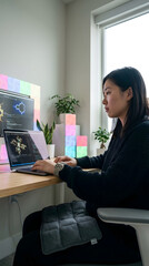 Mujer programando en casa