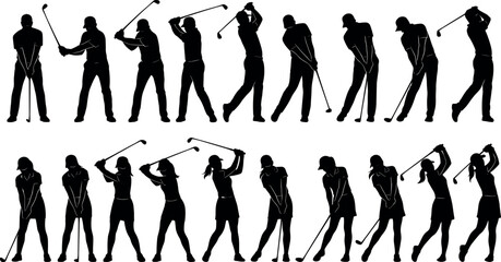 flavector, golf, swing, silhouette, male, female, sequence, posture, stance, impact, follow-through, sport, training, motion, technique