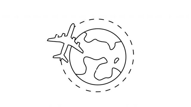 An airplane encircles a world outline inside a dashed circle suggesting global travel