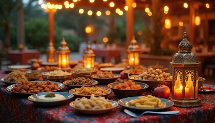 Naklejka premium Ornate Arabic table laden with diverse dishes and illuminated by traditional lanterns. Festive evening meal setup for celebration with family and friends outdoors.
