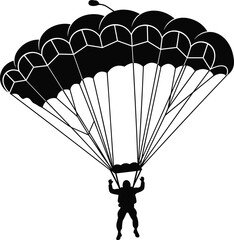 Black silhouette of paraglider with open parachute, skydiving extreme sports icon, man flying in sky vector illustration for adventure design. © farzana