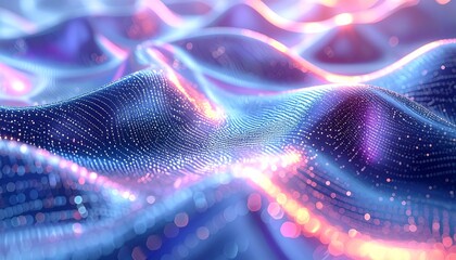 Vibrant abstract digital wave pattern with neon colors and particles.