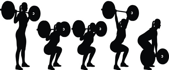 Black silhouettes of female athlete performing barbell squats and deadlifts, fitness workout sequence for gym training, weightlifting exercise vector set.