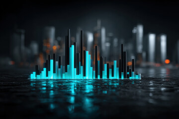 Minimal cyan columns on black reflective floor in hyper-realistic bar chart display