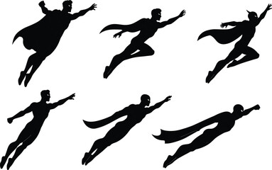 Flying superhero silhouettes, comic book hero poses, muscular caped figures, action strength power movement flat vector