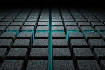 Abstract grid with turquoise diagonal streak on dim squares in high detail