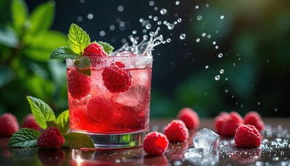 Fototapeta premium Glass of vibrant raspberry drink with mint and ice. Berries scattered around with water splash and drops. Refreshing beverage served outdoors in daylight.