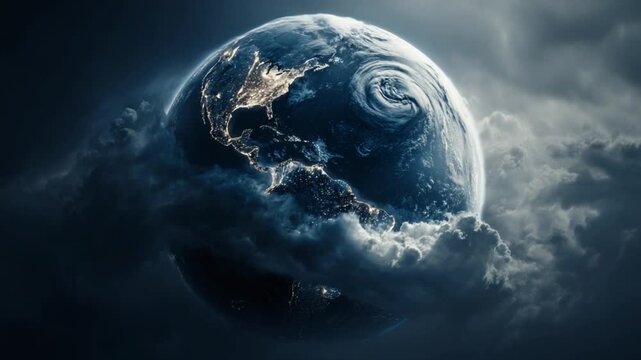 Celestial Orb: An awe-inspiring view of planet Earth, cradled amidst a swirling tapestry of clouds and celestial blues, offering a glimpse into the vastness of the cosmos.