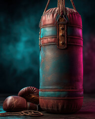 Neon-lit leather punching bag with gloves and skipping rope on floor in dramatic lighting