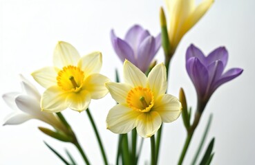 Obraz premium Mixed spring flowers include yellow daffodils, purple crocuses, and white rain lilies. Delicate blossoms on green stems create a fresh, natural arrangement on a clean white background.