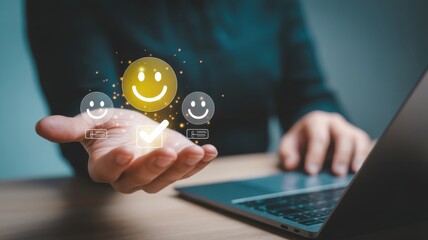 Customer Satisfaction Concept: A person holds a glowing symbol of satisfaction with smiley faces floating above, illustrating concepts of customer service and positive experience.