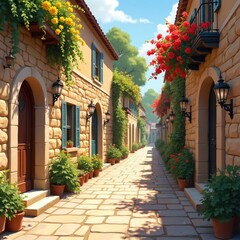 Fototapeta premium Old stone buildings line narrow European street with potted plants, blooming flowers. Sunlight casts shadows on paved walkway, creating charming, serene ambiance. Picturesque lane invites exploration