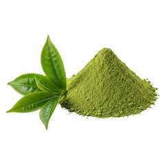 Pile of green matcha tea powder next to fresh tea leaves isolated on transparent background