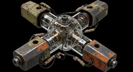 Intricate mechanical assembly featuring exposed internal gears encased in a clear housing with heavily weathered metallic arms