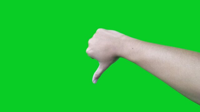 Right hand gesturing thumbs down for rejection or failure on green screen