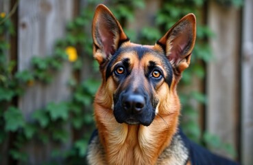 Fototapeta premium German Shepherd dog with alert eyes looks forward. This intelligent breed has rich black and tan fur. Dog sits near wooden fence, green plants form background. Loyal pet waits patiently.
