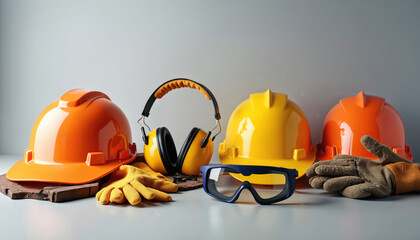 Work safety gear including hard hats gloves ear protection and glasses arranged on table. Essential personal protective equipment for construction industry workers in uniform.