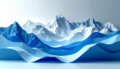 Fototapeta premium Abstract layered paper mountains and sky in shades of icy blue.