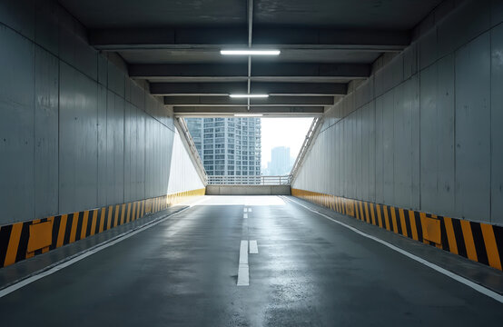 Ramp leads into underground parking garage. Modern city buildings visible outside. Concrete walls and bright lights line the lane. Cars drive down to basement level.