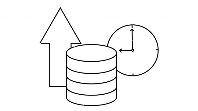 A database depicted with a clock nearby and an upward arrow