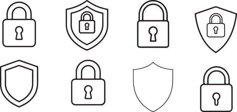 Padlock and Shield Line Icon Set for Cybersecurity and Data Protection