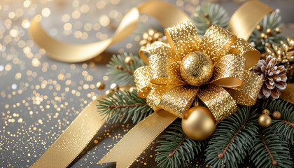 Golden Christmas bow with pine branches and sparkles on grey background  