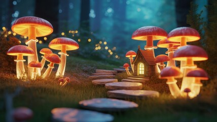 Enchanted Mushroom House: A whimsical scene unfolds as radiant mushrooms illuminate a serene forest path, guiding the way to a cozy mushroom-shaped cottage, exuding a warm and inviting glow.