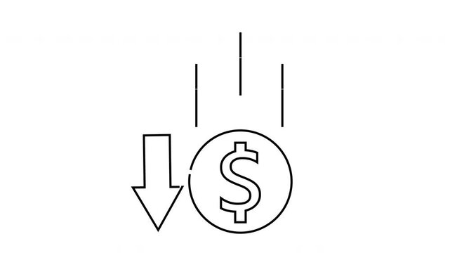 A coin with a dollar sign on it is next to a down arrow with 3 lines above it