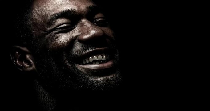 Close-up of a dark-skinned man with a genuine, broad smile revealing his teeth, embodying joy and a relatable human expression