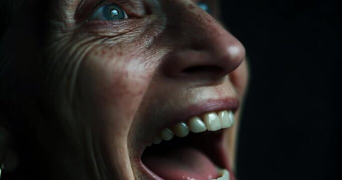 Close up of a woman's face in a primal scream with prominent bad teeth showing a distorted smile and wide, piercing blue eyes