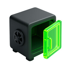 3D Render of Open Safe Box with Glowing Green Interior and Door, Isolated on Black Background. safe box, security, glowing, open, 3d render
