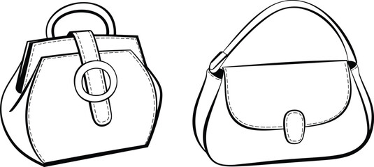 Handbag technical sketch, fashion accessory drawing, structured and soft bag styles, black outline vector, cad drawing flat vector illustration