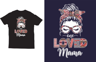 One Loved Mama T‑Shirt Design with Bandana Woman in Red Striped Pattern Glasses Illustration