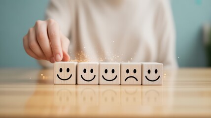 Customer Satisfaction: A close-up shot shows a hand interacting with a row of wooden blocks, each displaying a different emotion to show feelings about feedback and customer experience