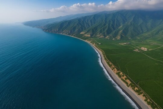 Atemberaubende Luftaufnahme einer gr&uuml;nen Halbinsel mit geschwungenen H&uuml;geln und t&uuml;rkisblauem Meer bei sonnigem Wetter