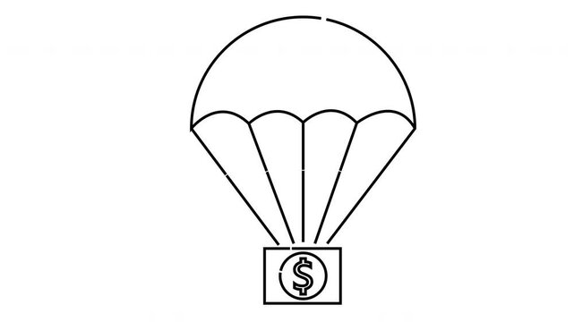 A black and white cartoonstyle illustration of money falling by parachute