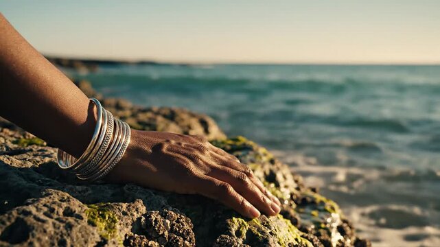 Close-up of a womans hand with bangles resting on a rock by the ocean at sunset.