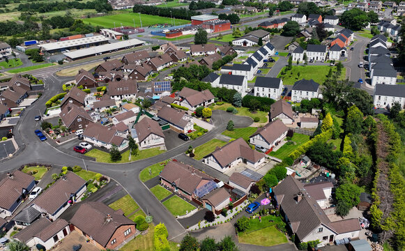 Aerial video Residential homes in Ballymena Town Antrim Northern Ireland